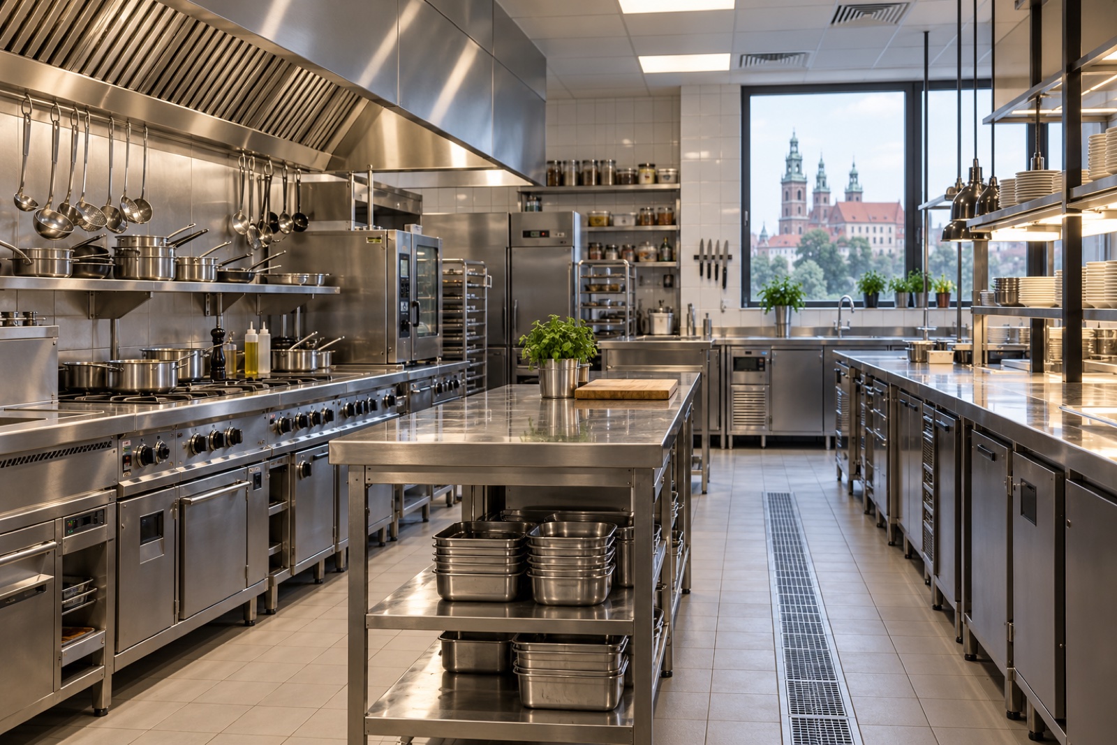 Czysta kuchnia restauracyjna ze stali nierdzewnej po zakończeniu pracy
